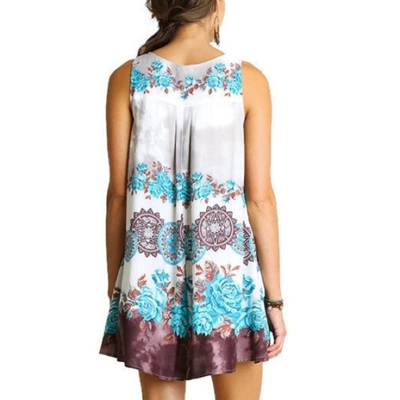 ⭐️UMGEE, FLORAL CROSSED NECK
SLEEVELESS DRESS, MOCHA & SKY, EUC, Size Small - Picture 2 of 11